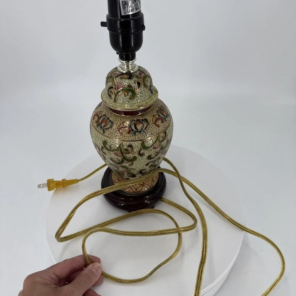 Vtg Asian Satuma Style Ginger Jar‎ Lamp Hand Painted Floral Chinoiserie Enamel